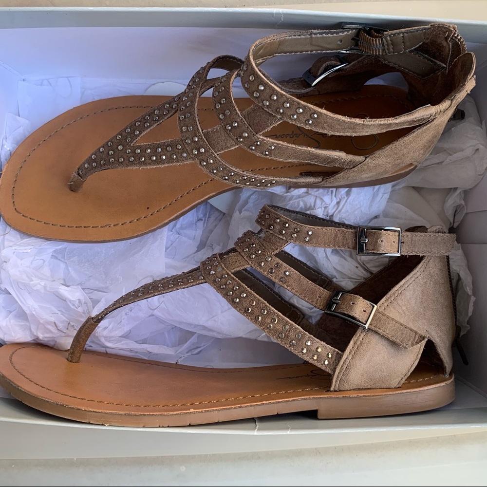 Jessica Simpson Taupe Studded Suede Davida Sandal | Size: 8.5